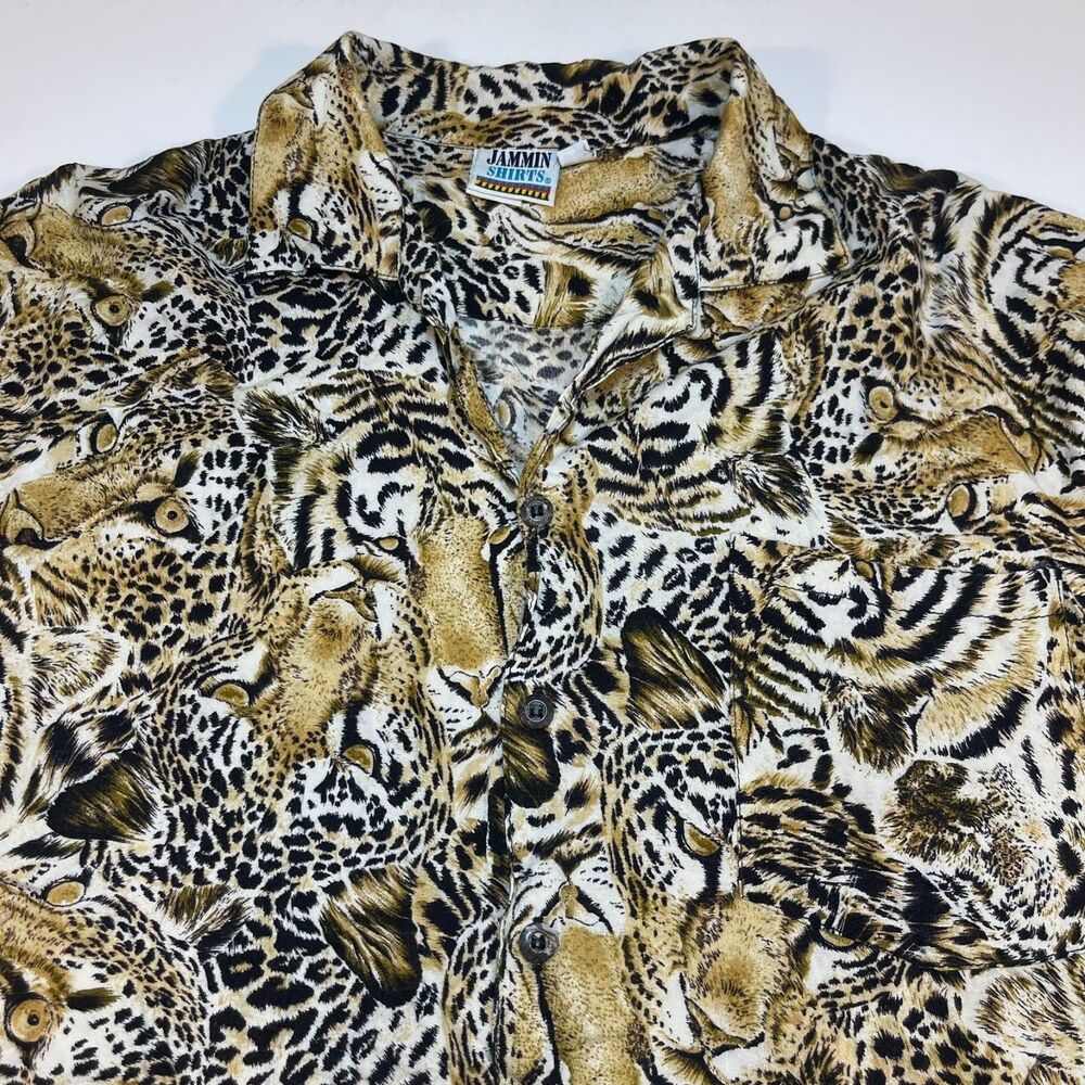 Vintage Jammin Shirts 100% Rayon Animal Print Cheetah Tiger Hawaiian Shirt Sz L